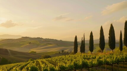 Wall Mural - Rolling hills with vineyards and cypress trees at sunset.