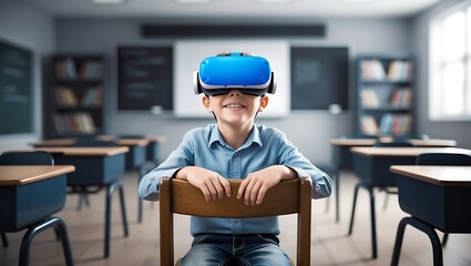 Wall Mural - A teenager wearing VR headset, playing with his goggles, ready for a game. modern entertainment and the immersion of VR technology