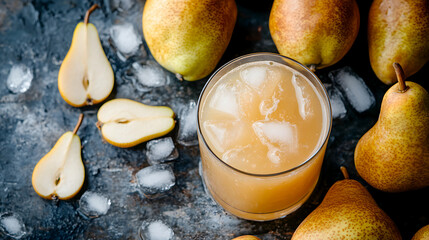 chilled glass of pear juice with ice, surrounded by whole and sliced pears