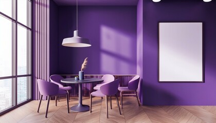 Purple cafeteria interior with chairs and dining tables, window. Mockup frame