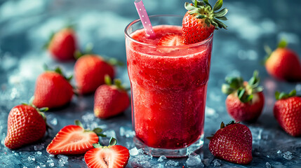 chilled glass of strawberry juice with a straw, surrounded by whole and sliced strawberries