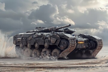 A tank maneuvers through the arid desert terrain, highlighting its strength and capability in challenging environments, A massive, AI-controlled tank rolling into battle, AI generated