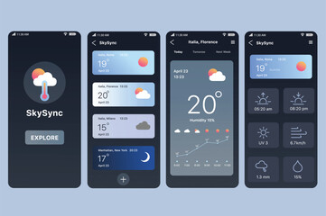 weather app concept in flat design. skysync user interface design, displaying weather data for diffe