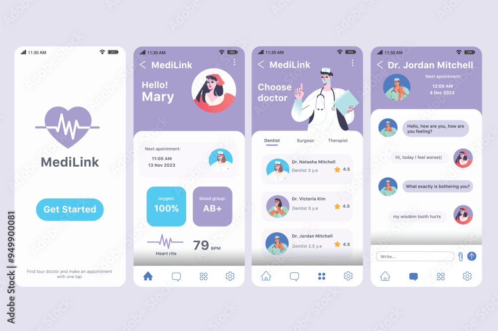 Medical app concept in flat design. This image shows the user interface ...