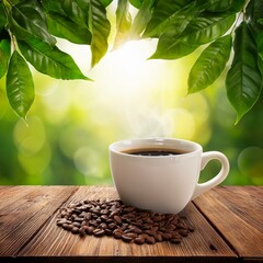 Cup of Coffee Beans with Green Bokeh and Wooden Table
