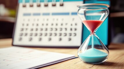 A sand timer and a calendar symbolizing time management. Planning, scheduling, organization