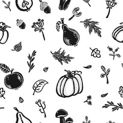 Wall Mural - Trendy minimalism modern vegetable pattern Grunge, shabby texture of elements Scandinavian motifs Vector seamless pattern