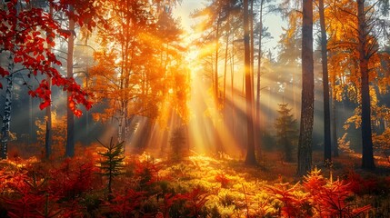 Wall Mural - vibrant autumn forest with sunbeams filtering through lush foliage