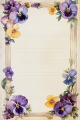 Vintage floral lined paper with pansies and ornate frame, antique stationery design
