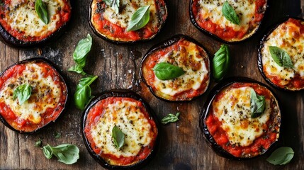 Delicious baked eggplant rounds topped with tomato sauce, melted cheese, and fresh basil leaves, arranged on a rustic wooden surface