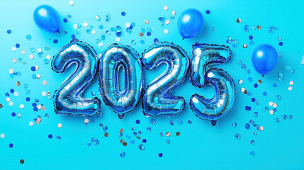 Wall Mural - festive blue and aqua 2025 balloons with confetti on a bright matching background