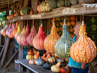 Wall Mural - A man stands in front of a table full of pumpkins. The pumpkins are hanging from the ceiling and are of various colors and sizes. The scene gives off a festive and autumnal vibe