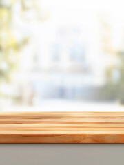 Empty wooden table top with a blurred living room interior background for product display, presentation, or design of a coffee shop, home, and kitchen show concept.