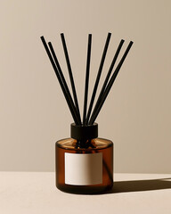 a brown glass diffuser with black sticks and white label against neutral plain background packaging 