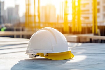 yellow and white hard safety wear helmet hat in the project at construction site building on concrete floor on city with sunlight. helmet for workman as engineer or worker. generative ai