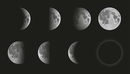 moon phases vector illustration on black background, eight moon shapes from full moon to lunar eclip
