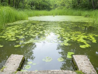 Poster - Polluted water in an abandoned pond, highlighting the effects of environmental neglect and the pressing demand for restoration efforts.