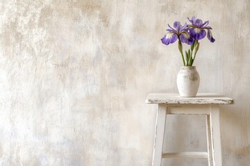 Wall Mural - Minimalist Still Life with Purple Irises in White Ceramic Vase on Rustic Stool Against Textured Wall.
