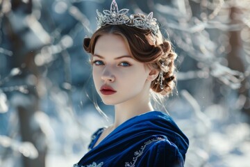 A stunning woman in a blue gown sits gracefully on a throne, embodying elegance and royal charm. A regal lady model in a royal blue velvet dress and a crown, AI generated