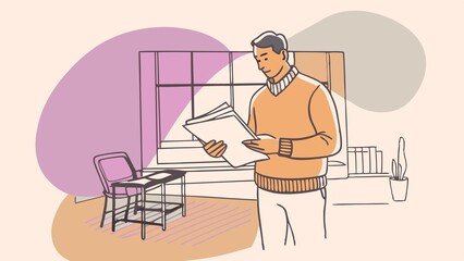 Sticker - A man in a sweater stands in a living room, looking down at a stack of papers in his hands.