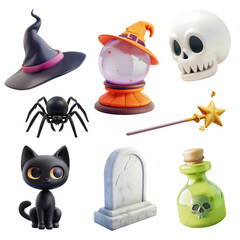 Wall Mural - png 3d witchcraft halloween element set, transparent background