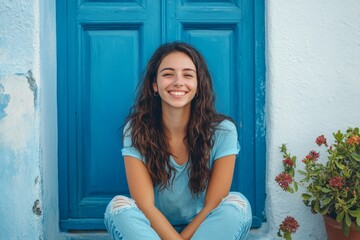 Cheerful adult beautiful woman portrait in the blue color - happy people sit down outside home and enjoy time - pretty young female with blue door and, Generative AI