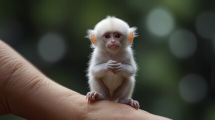 The baby of a small monkey is sitting on a man's arm