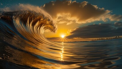 a sunset with a wave in the foreground and the sun behind it.