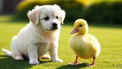 Poster - a puppy and a duck are standing in the grass.