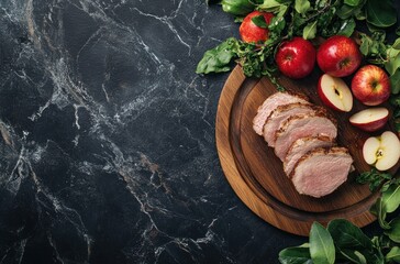 Poster - Roasted Pork Tenderloin Slices on a Wooden Board with Apples and Greenery