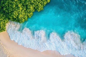 Poster - Aerial View of Foamy Waves Crashing on a Sandy Beach