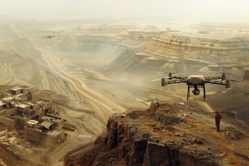 A drone in flight over a city located in a desert, highlighting the unique blend of urban development and natural surroundings, A robotic drone surveying a war-torn landscape, AI generated