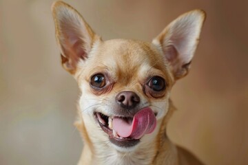 A cheerful chihuahua dog smiles while looking at the camera, capturing its lively and friendly personality, A sassy chihuahua sticking out its tongue, AI generated