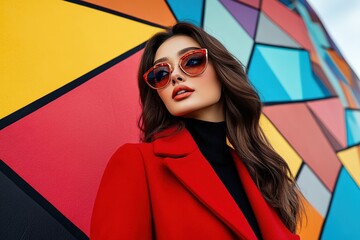 Wall Mural - A stylish woman in a bold red coat and trendy sunglasses poses confidently outdoors against a vibrant, geometric mural, blending fashion with urban artistic flair.