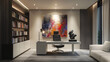 © Vian - A modern home office space designed as a mini art gallery, with a large abstract painting, minimalist white furniture, and a spotlight highlighting a sculpture on a side table