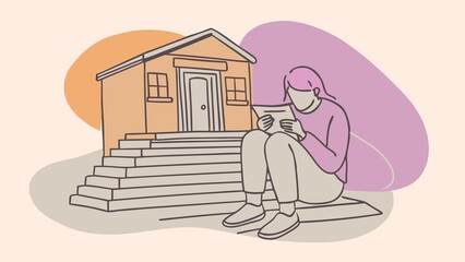 Sticker - A woman sits on steps outside a house, reading a letter.