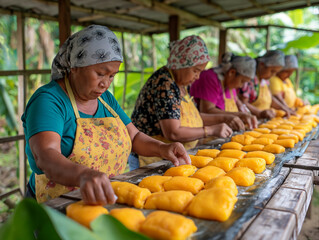 A group of women are working together to make a large batch of yellow pastries. The atmosphere is lively and collaborative, as they work together to create a delicious treat