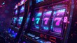 © Anna - Neon-lit row of slot machines in a casino with glowing symbols and a jackpot of three 7s.