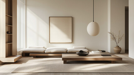 A modern Japandi living room with a balance of light and dark elements: dark wood furniture, soft beige rugs, and light wood flooring. A simple hanging pendant light completes the look