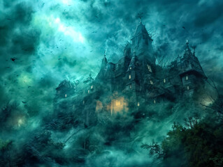 Wall Mural - A castle with a dark sky and fog surrounding it. The castle is surrounded by trees and has a creepy atmosphere