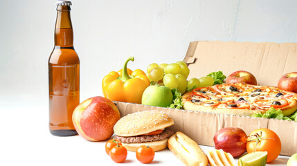 Wall Mural - An open cardboard box reveals a tempting mix of burgers, pizza, fruits, and a refreshing bottle of beer perfect for relaxing