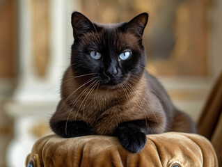 Wall Mural - A cat is laying on a cushion with its eyes closed. The cat is black and white with blue eyes