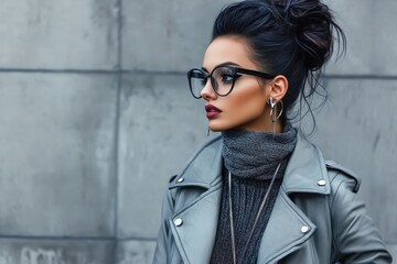 Wall Mural - A chic woman wears a gray jacket and oversized black glasses, posing thoughtfully with a background of a concrete wall.