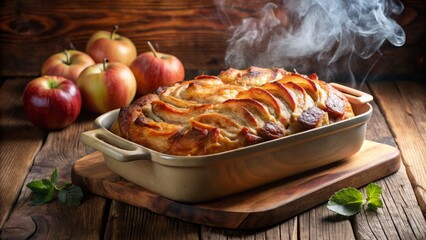 Wall Mural - Pork and apple casserole fresh out of the oven, with a crispy golden-brown crust and a swirl of steam rising from the surface.