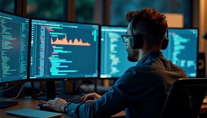 A software developer coding complex code on multiple screens.