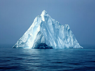 A large ice block floating in the ocean. The ice is white and the water is blue. Concept of isolation and vastness, as the ice block stands alone in the vast expanse of the ocean