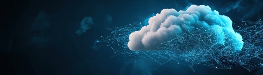 Digital cloud surrounded by blue network connections on a dark background, symbolizing technology and data transfer.