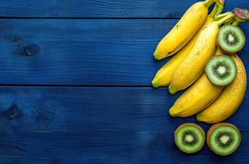 Poster - Yellow bananas and green kiwi on blue wood background