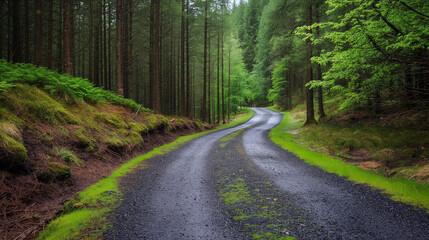 Winding forest road surrounded by lush green trees and moss