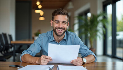 Wall Mural - Portrait of a smiling and successful young businessman sitting in the office at the table, holding documents and papers for a deal in his hands, confidently looking at the camera